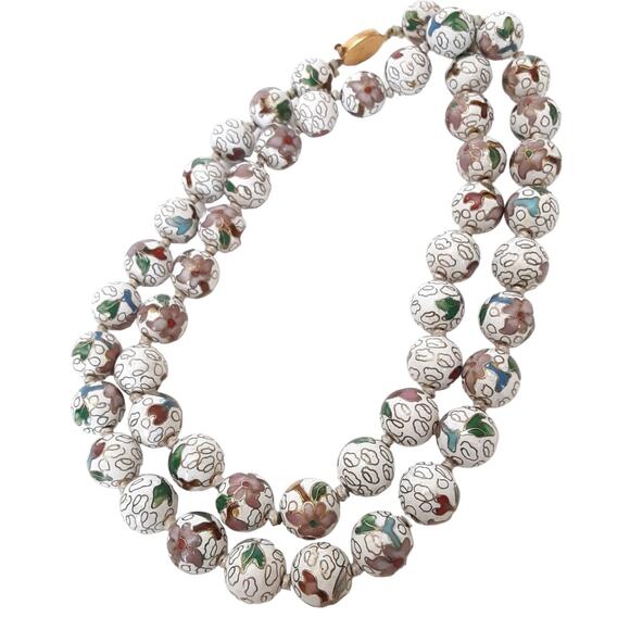 Vintage Chinese Cloisonné Bead Necklace Hand Knotted Enamel Flower Champleve - Picture 1 of 10